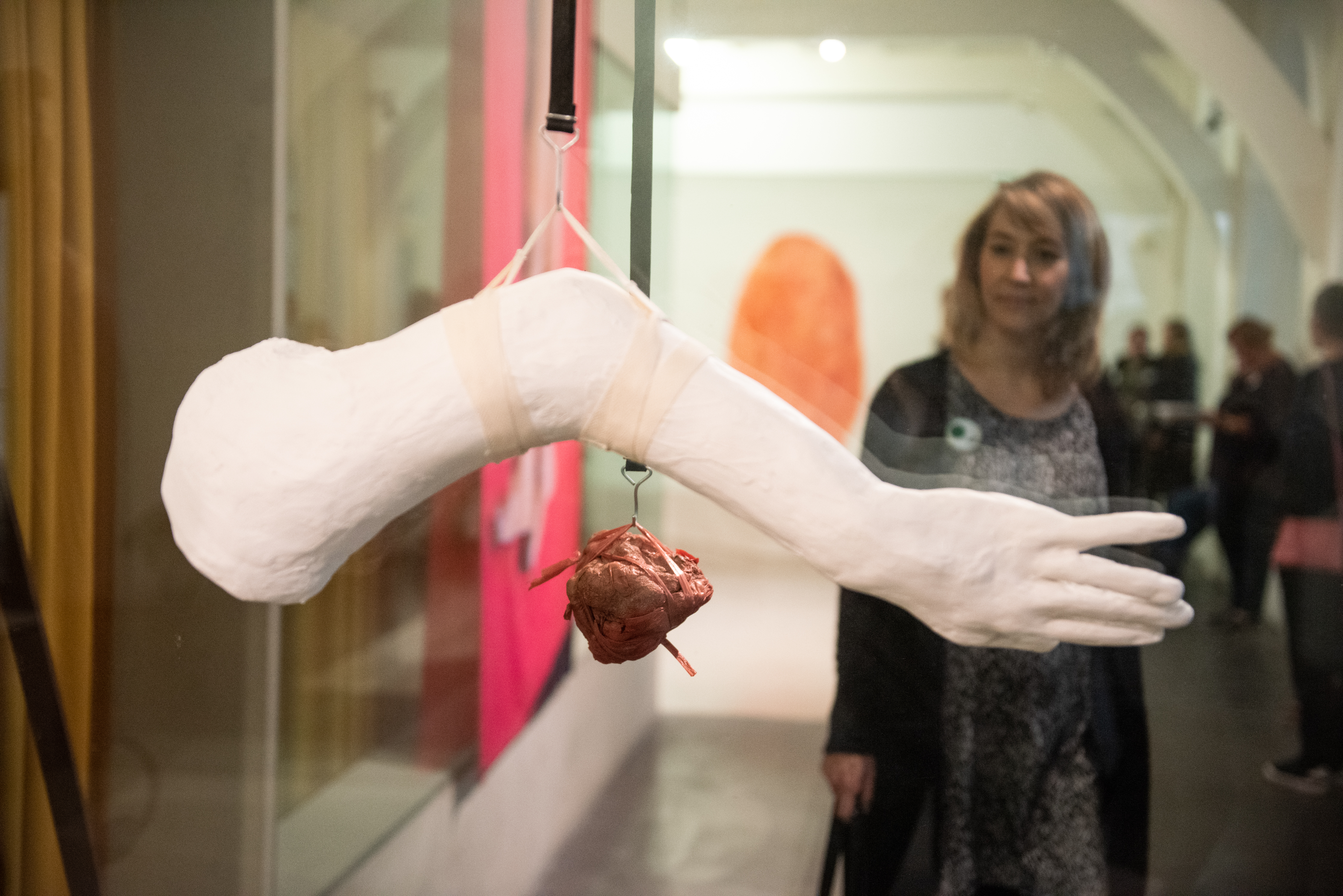 een bezoeker bekijkt de tentoonstelling door een glazen wand